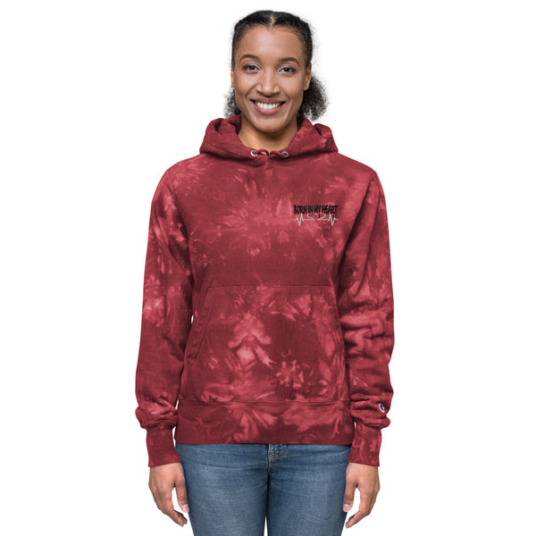 Born in My Heart Red Embroidered Champion tie-dye hoodie